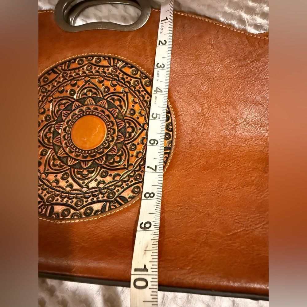 New Brown Leather Handbag with Mandala Design Handle with removable strap - Picture 10 of 12